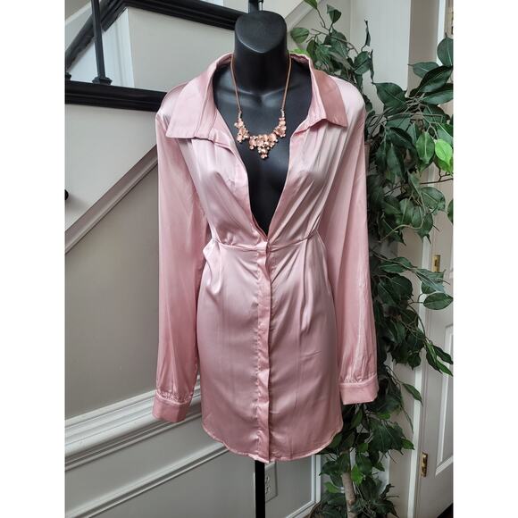 Fashion Nova Shirt Dress Women's Size Large Pink Polyester Long Sleeves - Picture 1 of 13